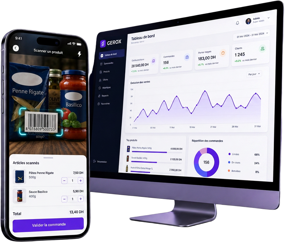 Application GEROX : scanner de codes-barres sur smartphone et tableau de bord de gestion sur ordinateur
